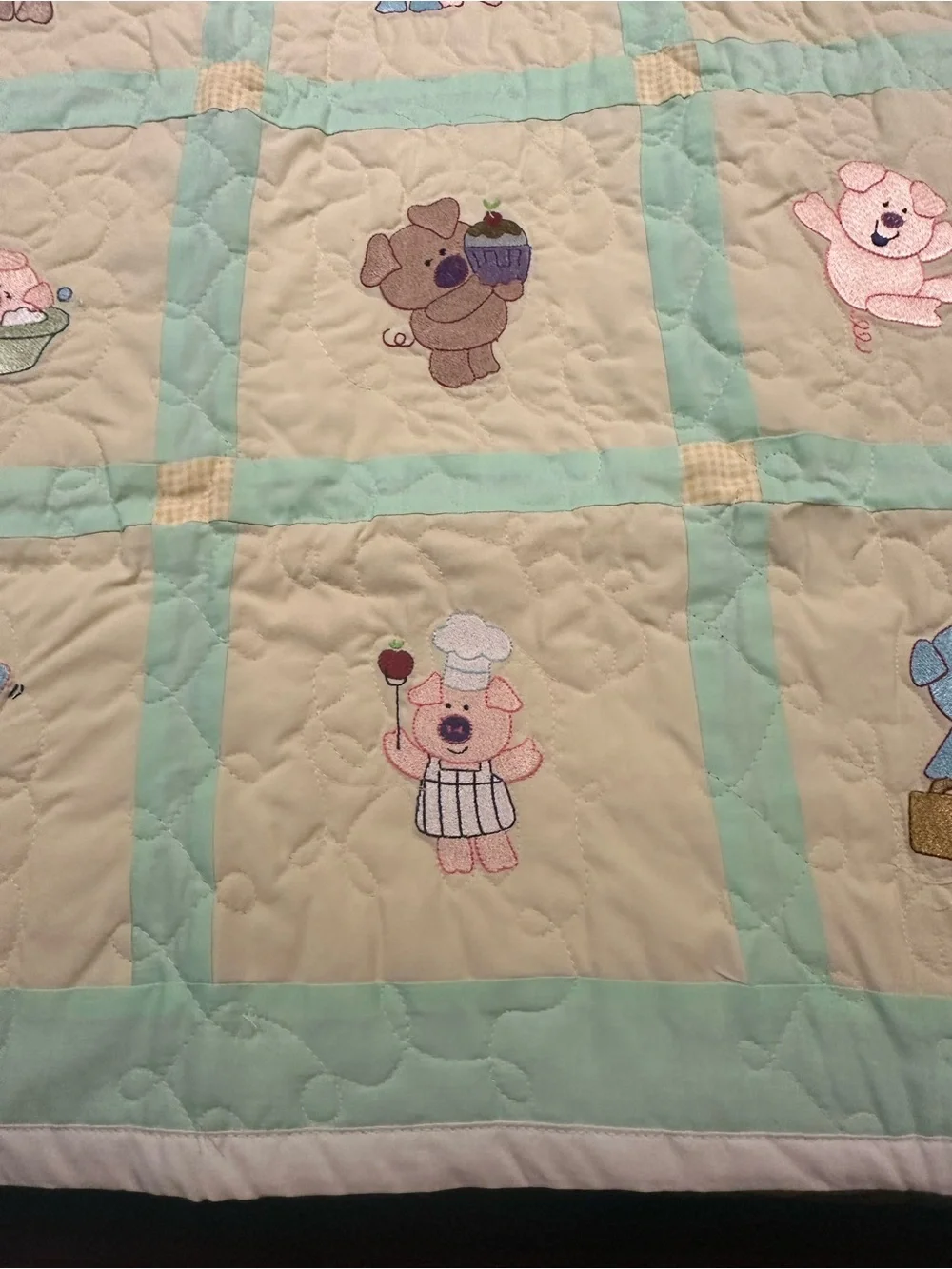 Cute Animal Patchwork Baby Quilt in Mint and Cream